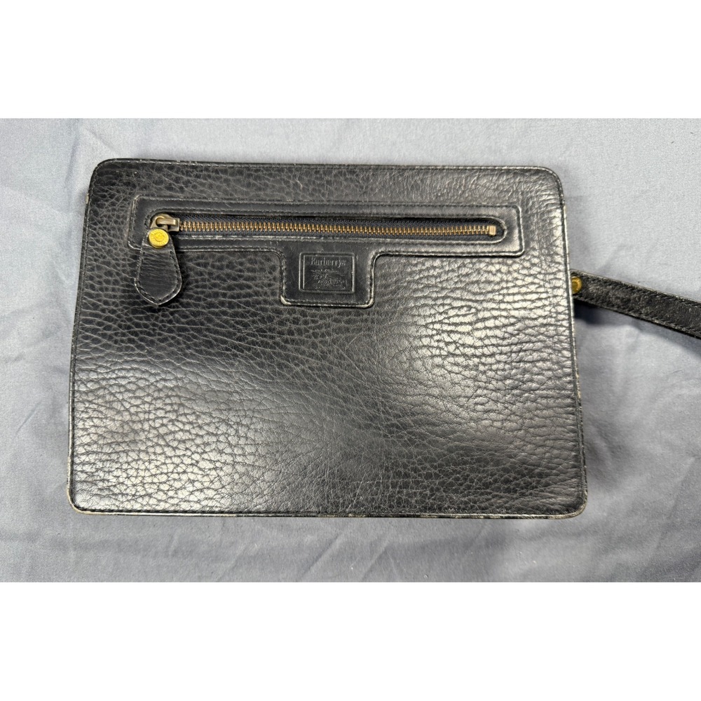 Burberrys Black Leather Clutch Bag Wristlet Pouch Zippered Front Pocket Vintage - Picture 3 of 12